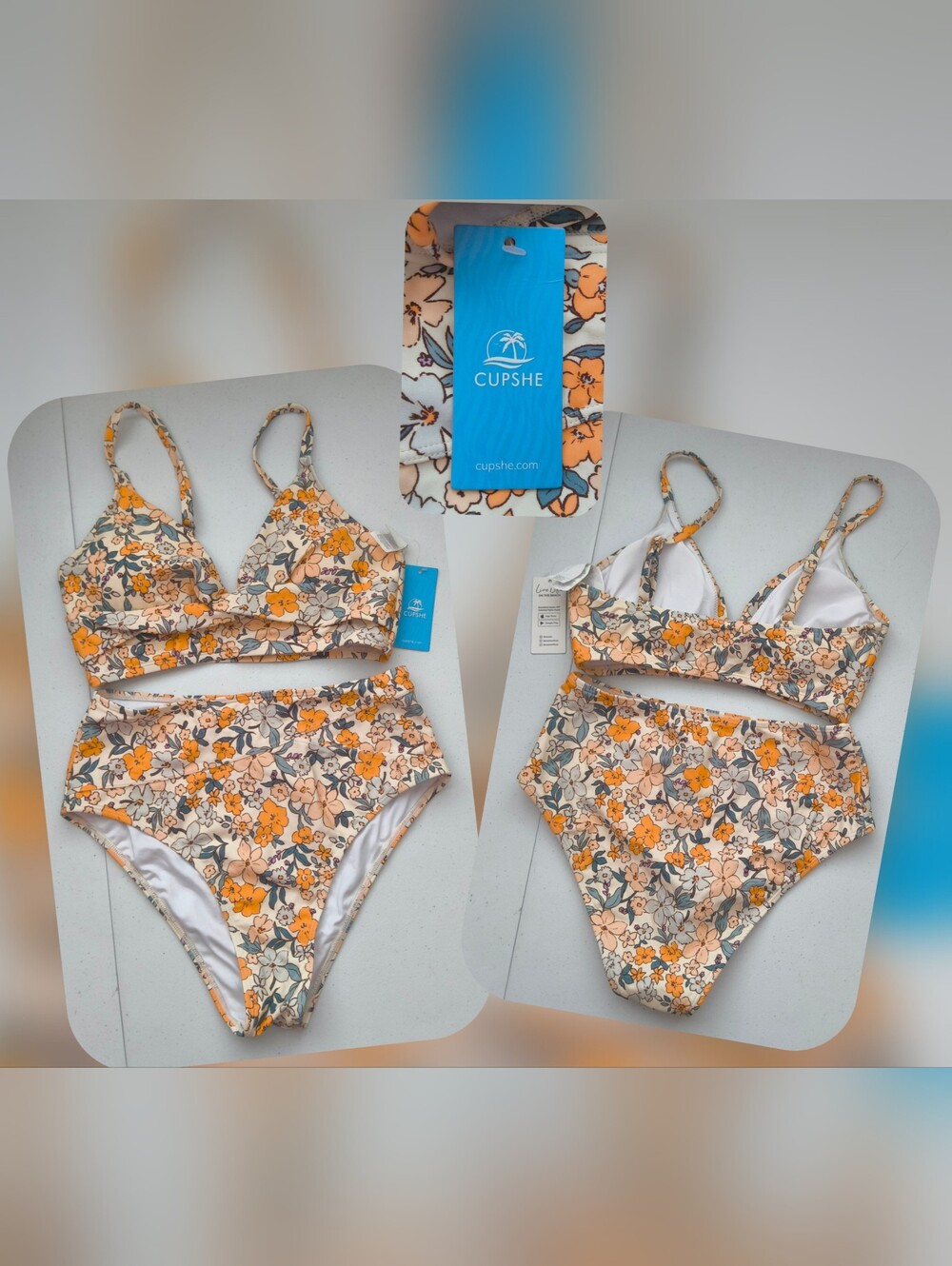 Cupshe Floral High-Waist Bikini Set - Orange & Cream Size Sm (Nwts)